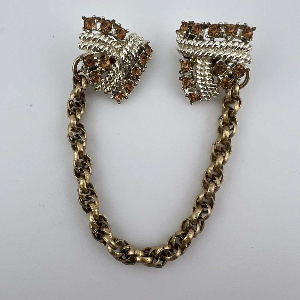 Vintage Sweater Guard Cardigan Clip Amber Rhinestone Leaf Gold Tone Chain
